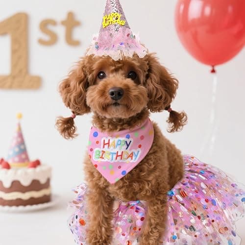 Dog Birthday Bandana with Hat and Dress Girl Set Puppy Birthday Party Supplies Cute Tutu Skirt Outfit for Small Medium Large Dogs Decorations(Pink) thumbnail 4