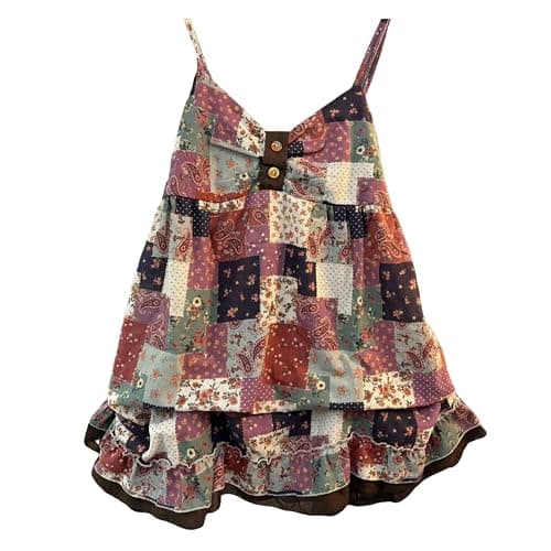 Coquette Cutecore Floral Spaghetti Strap Tank Top Boho Ruched Neck Babydoll Sleeveless Shirts Tees Summer Mini Dress - Image 1