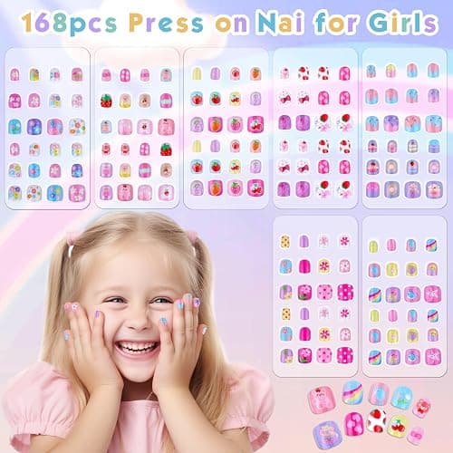 168Pcs Kids Press on Nails Set for Little Girls, Shynek Mini Fake Nails for Kids Pre Glue Stickers Nails Full Cover Small Nail Tips for Girls Gifts 8-10 (Extra Small Nail Size) thumbnail 2