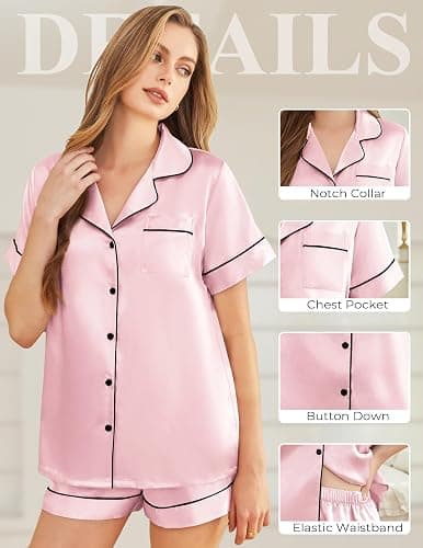 SHEFOTY Silk Pajamas for Women Short Sleeve Sleepwear Soft Button Down Loungewear 2 Piece Satin Pjs Shorts Set S-XXL thumbnail 5