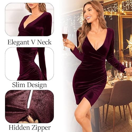 CheChury Robe Femme Hiver Courte Velours Robe Moulante à Manches Longues Col en V Robe De Soiree Femme Vintage Chaud Chic Sexy Robe thumbnail 4