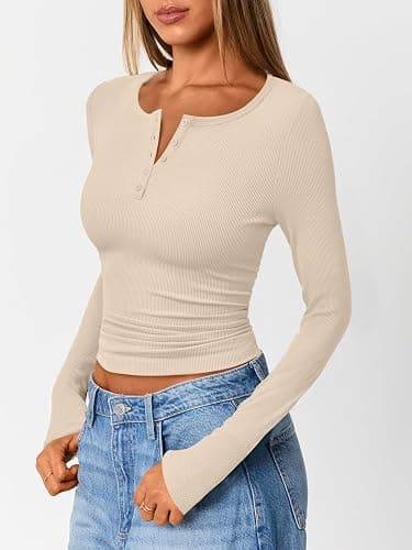 Trendy Queen Womens Long Sleeve Shirts 2025 Henley Casual Fall Outfits Fitted Tops Ribbed Fashion Basic Tees thumbnail 3