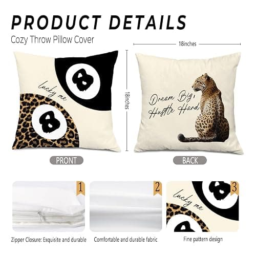 Foritho Trendy Leopard Lucky 8 Ball Pillow Covers 18x18, Cheetah Leopard Print Room Decor, Funky Preppy Leopard and Black Billiards Decorative Throw Pillow Covers for Girls Dorm Apartment thumbnail 3