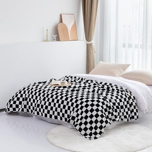 LOMAO Throw Blankets Flannel Blanket with Checkerboard Grid Pattern Soft Throw Blanket for Couch, Bed, Sofa Luxurious Warm and Cozy for All Seasons (Black, 50"x60") thumbnail 7