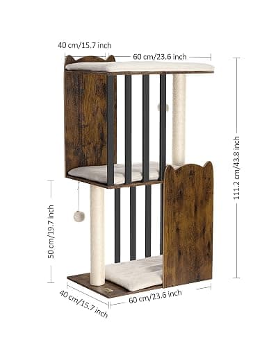 FourFurPets 43.8in 3-Tier Modern Cat Tree Tower Condo, Cat Scratch Posts for Indoor Cats, Big Plate, Two 19.7in Full Sisal Scratching Posts, Rustic Brown thumbnail 7