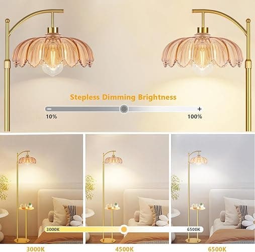QIYIZM Gold Floor Lamp with Table and Shelves for Living Room Bedroom,Glass Standing Lamp with Remote Dimmable,Boho Brass Tall Lamp Vintage Farmhouse Arc Flower Floor Light Bohemian thumbnail 2