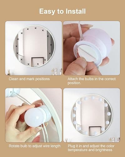 Yarnock 14 Bulbs LED Vanity Lights for Mirror, 3000K 4000K 6500K & 10-Brightness, Wire Length Adjustable, USB Cable, Hollywood Mirror Lights for Makeup Dressing Room Bathroom, White thumbnail 8