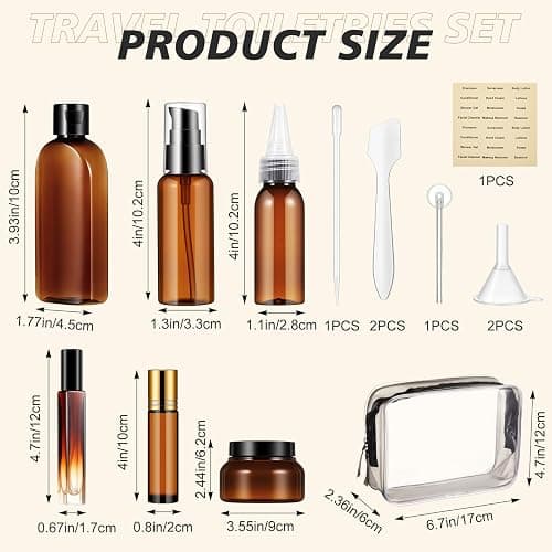 21 Pcs Amber Plastic Travel Toiletry Bottles Set, TSA Approved Travel Containers, Leak Proof Containers with Refillable Squeeze Bottle, Roller Balls, Pump sprayer, Perfume Atomizer, Labels & Funnel thumbnail 2