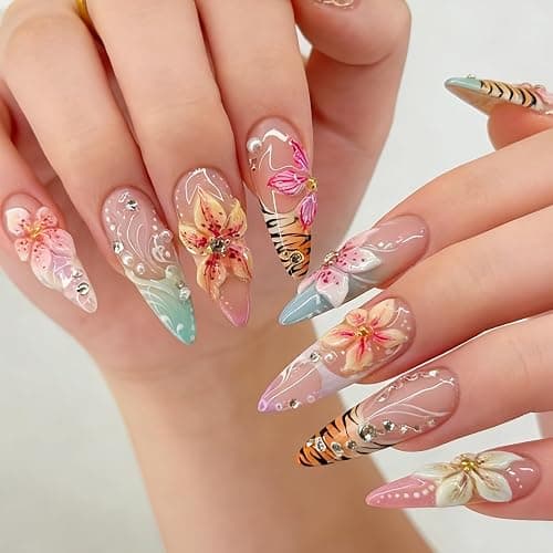24Pcs Long Press on Nails Almond French Tip Fake Nails Hawaii Flower Nails with Gold Silver Rhinestones Design Summer Full Cover Artificial False Nails Tips for Women Manicure Decorations thumbnail 2