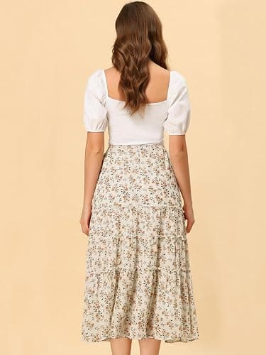 Allegra K Women's Floral Skirt Chiffon A-line Long Tiered Ruffle Boho Summer Midi Skirts thumbnail 4