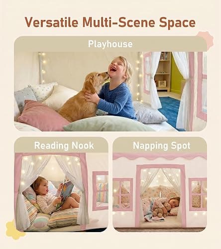 Large Kids Tent with mat, Star Lights, Tissue Garland, Play Tent Indoor & Outdoor, Kids Play Tent for Girl & Boy Aged 3+, Kids Tent for Toddler, 52" x35" x 52" Play House with Windows, Washable, Pink thumbnail 6