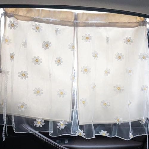 Nawwgy Embroidery Flower Car Window Covers Auto Cotton Vehicle Window Drapes Privacy & Resistant ins Embroidered Chrysanthemum lace Double car Curtains thumbnail 6