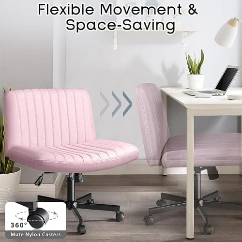 PUKAMI Criss Cross Chair with Wheels,Fabric Padded Armless Cross Legged Office Desk Chair for Home Office,Modern Swivel Height Adjustable Wide Seat Computer Task Vanity Chair(Pink) thumbnail 4