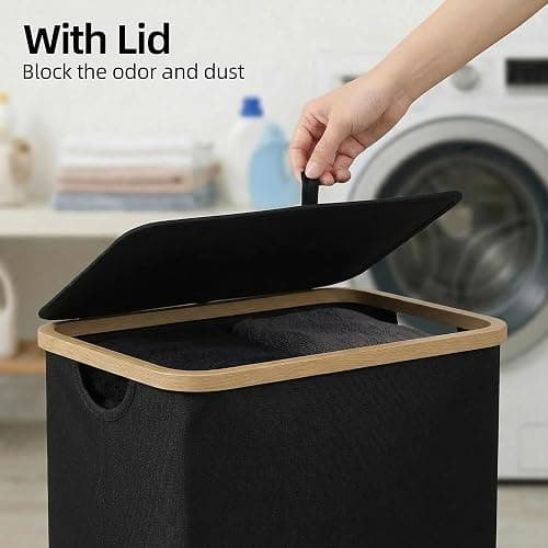 efluky Slim Laundry Basket with Lid, Narrow Laundry Hamper with Removable Bag, Skinny Dirty Clothes Basket with Bamboo Handles for Bathroom, Bedroom & Laundry Room, 75L Black thumbnail 5