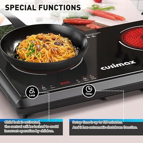 Electric Stove,Cusimax Electric Hot Plate for Home,9 Temperature and 1800w Power Level,Double Infrared Burner with Sensor Touch,Kids Safety Lock,Timer,Ceramic Countertop Stove thumbnail 5