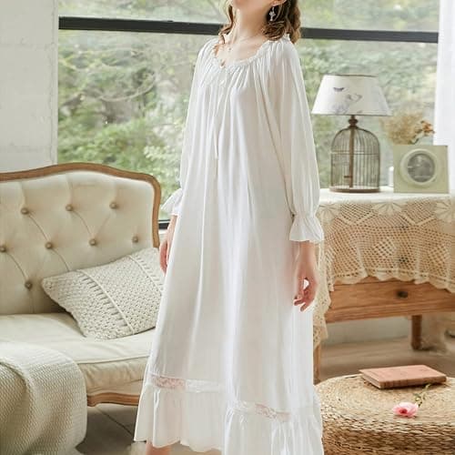 Homgro Women's Cotton Nightgown Long Sleeve Nightgowns Victorian Vintage Autumn Night Shirt thumbnail 2