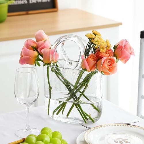 Fixwal Glass Purse Vase for Flowers, Clear Bag Vases with Handle, Unique Cute Handbag Shape Decorative Flower Vases with Fish Bowl for Centerpieces Home Table Shelf Decor Birthday thumbnail 6