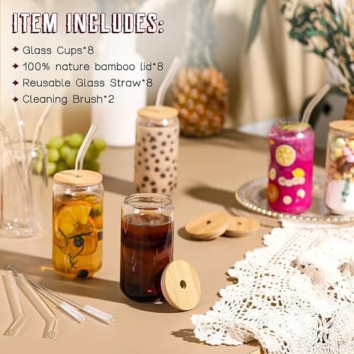 NETANY [ 8pcs Set ] Drinking Glasses with Bamboo Lids and Glass Straw - 16oz Glass Cups, Beer Glasses, Iced Coffee Glasses, Cute Tea Cup, Ideal for Cocktail, Whiskey, Gift - 2 Cleaning Brushes thumbnail 4