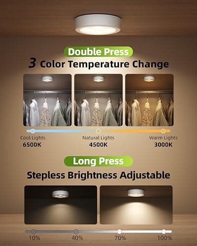 EZVALO LED Puck Lights, Rechargeable Touch Light, 2.95'' Mini Tap Lights, Wireless Closet Light, Under Cabinet Lighting, 3 Color Temps, Stick On Lights Kitchen,Closet,Pantry(2 Pack) thumbnail 7