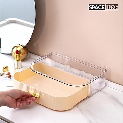SpaceLuxe Makeup Organizer with Drawers and 360° Rotating Brush Holder, Large Capacity Cosmetic Storage for Vanity, Skincare, Perfume, Hair Accessories, Lipstick & Jewelry (Cream White, 2-layer) thumbnail 6