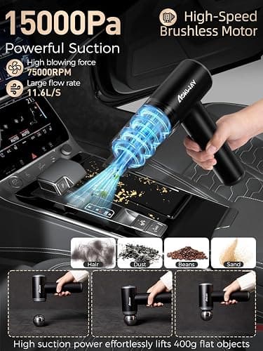 aokway Car Vacuum Portable Cordless 15000PA Powerful Suction, 7500mAh, 4-in-1, High Power Mini Vacuum Cleaner for Car, Home, PC, Keyboard, Desk Cleaning Small Handheld Rechargeable (Black) thumbnail 4