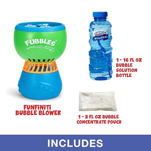 FUBBLES NO Spill Funfiniti Bubble Machine | Blows One Hour of Non Stop Bubbles | Amazon Exclusive Toy Set Includes 36oz of Non Toxic Refill Solution (Bubble Solution Bottle Colors Will Vary) thumbnail 4