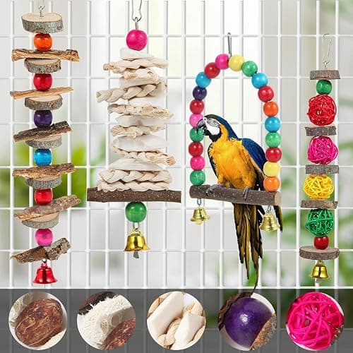 Bird Perch & Toys - 6 Pack Accessories, Wooden Chew Toys & Perch Stand for Parakeet, Conure, Cockatiel, Lovebird, Parrotlet, Budgie, Finches & Other Small to Medium Sized Birds thumbnail 3