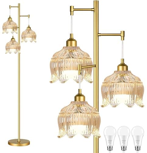 WLQCWL Vintage Floor Lamps for Living Room Bedroom-3 Light Gold Floor Lamp with Glass Lampshape, Flower Tall Lamp Glass Mid Century Standing Lamp Tree Floor Lamp for Living Room Corner - Image 1