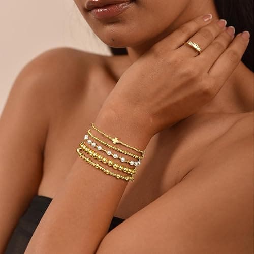 M MOOHAM Gold Beaded Bracelets Set for Women Teen Girls - Dainty 14K Gold Plated Beaded Pearl Cross Bracelet Stack for Women Trendy Non Tarnish Adjustable Stretch Jewelry Gifts thumbnail 4