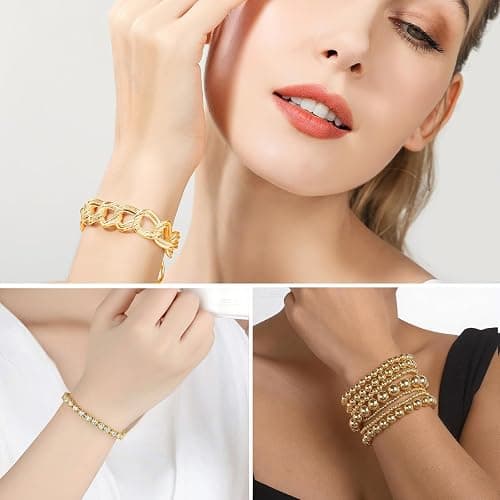 IFKM 6 PACK (24 PCS) Boho Gold Chain Bracelets Set for Women, 14K Gold Plated Multiple Layered Stackable Open Cuff Wrap Bangle Adjustable Link Italian Cuban Jewelry for Women Gift thumbnail 3