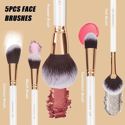 OMANIAC Makeup Brush Set Professional, 12 Pearlescent Wood Handle Makeup Brushes, Premium Cruelty-Free Synthetic Fiber Hair, Travel Make up Brushes Set with Case (White). thumbnail 4