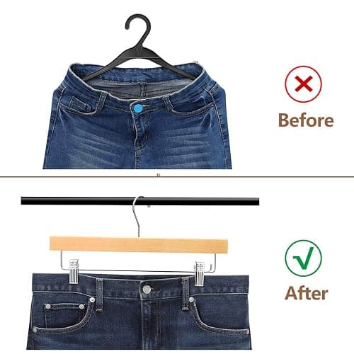 AMKUFO 20pcs Wooden Pants Hangers Solid Pants Hanger with Adjustable Clips 14 Inch Natural Wood Skirt Hangers Trousers Bottom Hanger with Non-Slip Clips and 360° Swivel Hook - Natural thumbnail 6
