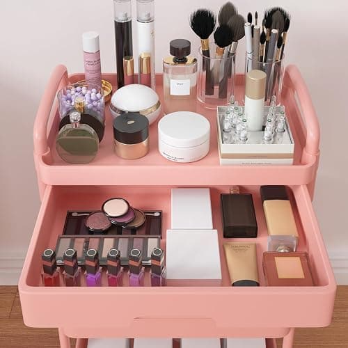 Calmootey 4-Tier Rolling Utility Cart with Drawer,Multifunctional Storage Organizer with Plastic Shelf & Metal Wheel,Storage Cart for Kitchen,Bathroom,Living Room,Office,Pink thumbnail 9