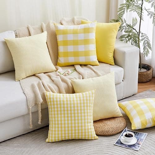 Yellow Striped Summer Outdoor Throw Pillow Covers 18x18 Set of 2, 18 x 18 Yellow and White Outdoor Throw Pillows, Modern Farmhouse Boho Decor Pillow Covers for Porch Patio (No Pillow Inserts) thumbnail 7