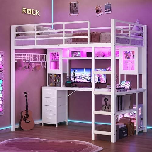 ADORNEVE Gaming Loft Bed Twin Size with Desk & RGB Hutch, White | 4 Storage Drawers, Safety Power Outlet, Metal Loft Bed with RGB Lights, Space Saving for Girls Small Room, Guardrail & Ladder - Image 1