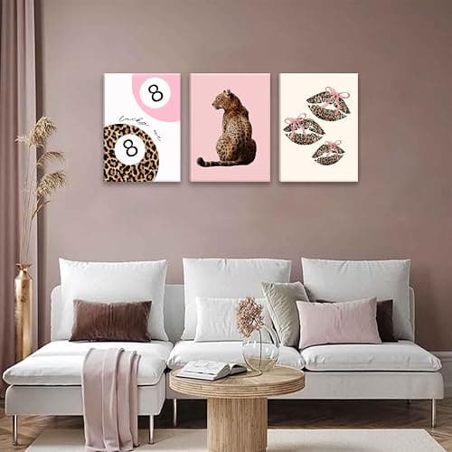 ZKFGPP 3 Piece Trendy Leopard Canvas Wall Art Funky Cheetah Art Prints Pink Bow Lucky 8 Ball Painting Aesthetic Pictures Wall Decor Artwork for Girly Bedroom Apartment Dorm 12x16in thumbnail 4