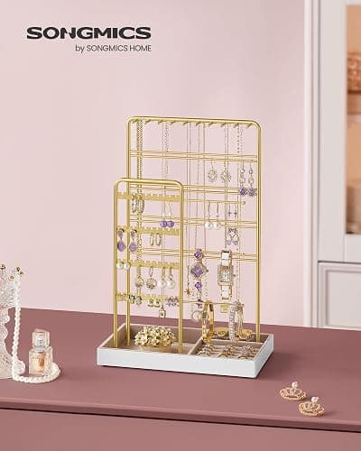 SONGMICS Jewelry Holder, Jewelry Organizer, Jewelry Display Stand with Metal Frame, Velvet Tray, Necklace Earring Bracelet Holder, for Studs, Rings, Christmas Gift, Pale Gold UJJS028A01 thumbnail 2