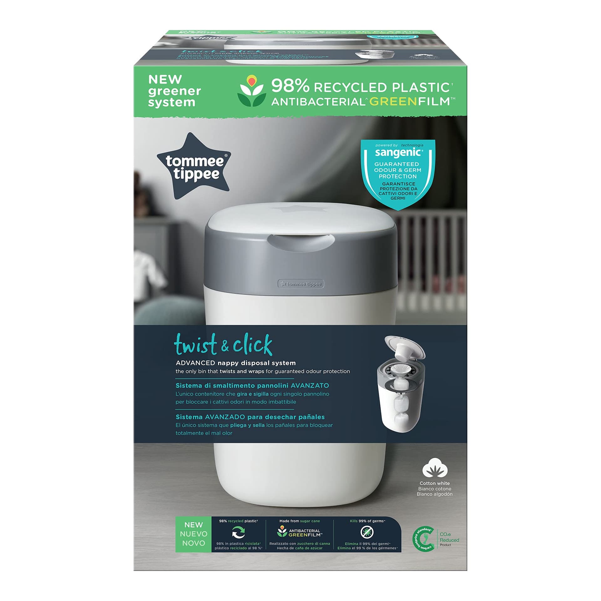 Tommee Tippee Twist and Click Advanced Nappy Bin, Eco-Friendlier System, Includes 1x Refill Cassette with Sustainably Sourced Antibacterial GREENFILM, White thumbnail 3