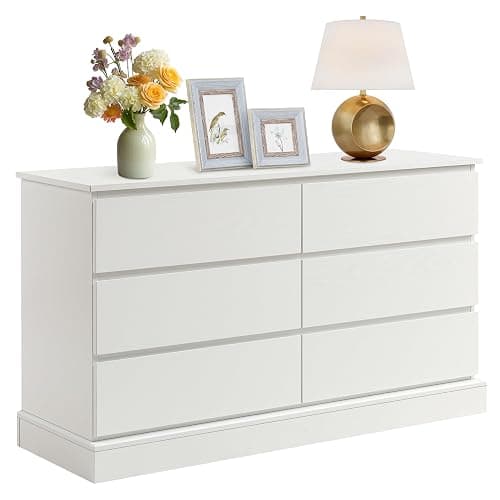 Alaxgumrol White Bedroom Dresser Modern 6 Drawers Dressers Wood Organizer Wide Dresser & Chest of Drawers Storage for Living Room, Entryway, Hallway - White - 15.7"D x 47.3"W x 27.6"H (6 Drawers) - Image 1