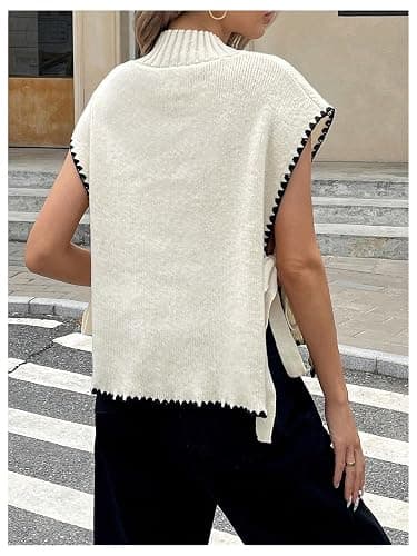 Verdusa Women's Old Money Sweater Tie Knot Slit Sweater Vest Mock Neck Cap Sleeve Lightweight Knit Tops thumbnail 2