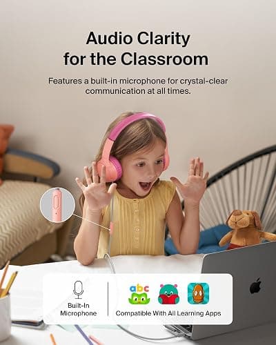 Belkin SoundForm Mini Kids Wired Headphones w/USB C to 3.5mm Dongle, Built-in Mic & Fun Stickers, 85dB Max Volume – for Online Learning, Travel, Compatible w/iPhone 16, iPad, Galaxy S25, etc - Pink thumbnail 4