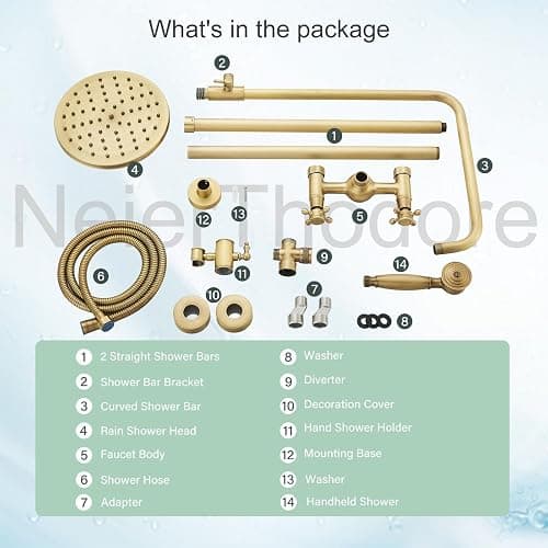 NeierThodore Antique Brass Bathroom Shower Faucet System Set 8 Inch Rainfall Shower Head Handheld Spray 2 Knobs Mixing thumbnail 8