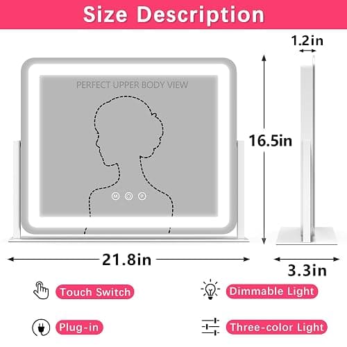 ROLOVE Large Vanity Mirror with Lights, 22"x17" Lighted Makeup Mirror for Desk, 3 Color Dimmable LED Lights, Smart Touch Control & 360° Rotation Tabletop Dresser Mirror (White) thumbnail 2