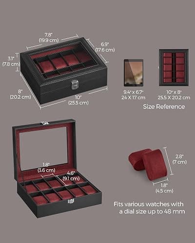 SONGMICS Watch Box, 10-Slot Watch Case Organizer with Large Glass Lid, Removable Pillows, Christmas Gift, Black Synthetic Leather, Wine Red Lining UJWB010R01 thumbnail 3