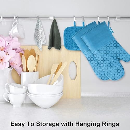 KEGOUU Oven Mitts and Pot Holders 6pcs Set, Kitchen Oven Glove High Heat Resistant 500 Degree Extra Long Oven Mitts and Potholder with Non-Slip Silicone Surface for Cooking (Sky Blue) thumbnail 2