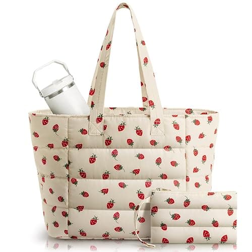 Puffer Tote Bag with Pouch, Women's Lightweight Quilted Shoulder Bag, 15.6"/17.3 Laptop Travel Weekender for Work & Nurses - Image 1