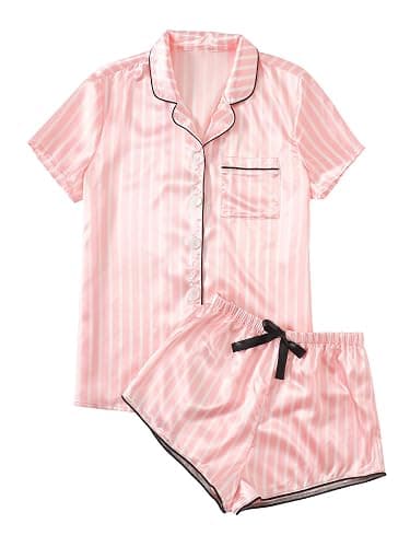 WDIRARA Women's Sleepwear Satin Short Sleeve Shirt and Shorts Pajama Set - Image 1