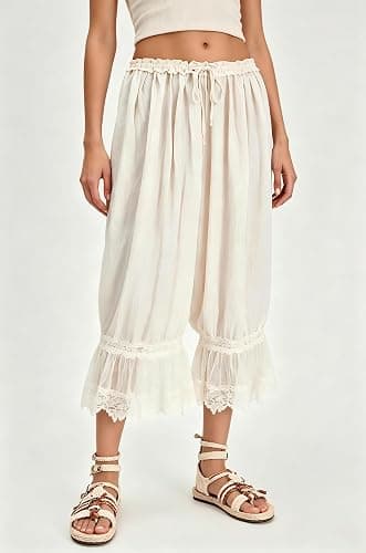 TUWIXIUW Women Cropped Lace Pants Bloomer Ruffle Long Bloomers Boho Western | Cute Ruffled Pantaloons Vintage Capri Half Slip Victorian Pettipants Halloween Costumes Concert Party Music Festival Western thumbnail 5