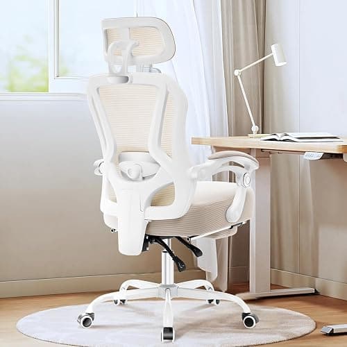 Ergonomic Office Chair with Footrest,Ultra Thick Reclining Desk Chair with Adjustable 2D Lumbar Support and Headrest,Spring Cushion,High Back Premium Mesh Computer Chair,Cream thumbnail 7