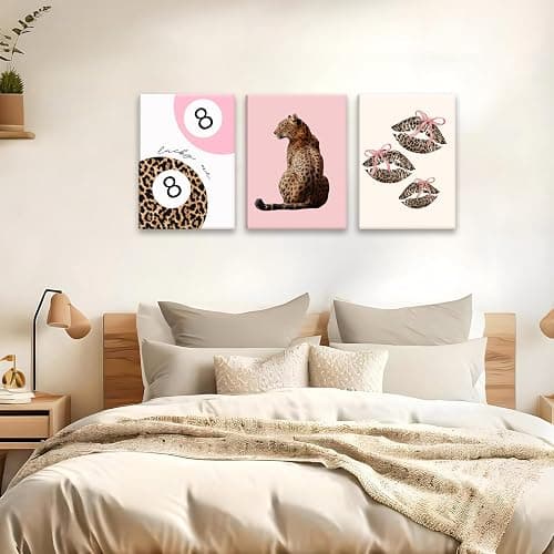 ZKFGPP 3 Piece Trendy Leopard Canvas Wall Art Funky Cheetah Art Prints Pink Bow Lucky 8 Ball Painting Aesthetic Pictures Wall Decor Artwork for Girly Bedroom Apartment Dorm 12x16in thumbnail 2